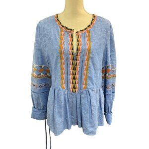 A Loves A Top Womens L Blue Linen Blend Embroidered Tunic Boho Festival‎ Western